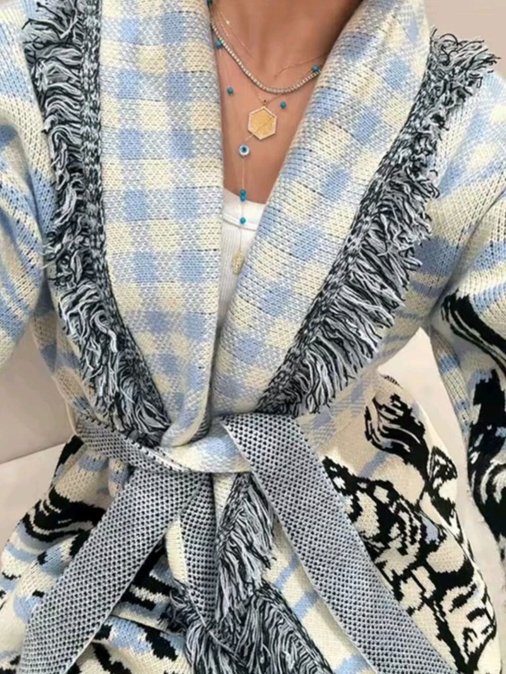 Vintage Jacquard Print Knit Fringe Cardigan Women Lapel Lace Up Loose Long - Picture 2 of 10